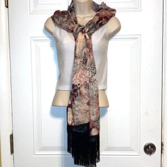 CHICOS Floral and Lace Print Scarf with Black Fringe Womens 20 x 70 inches - Picture 3 of 16